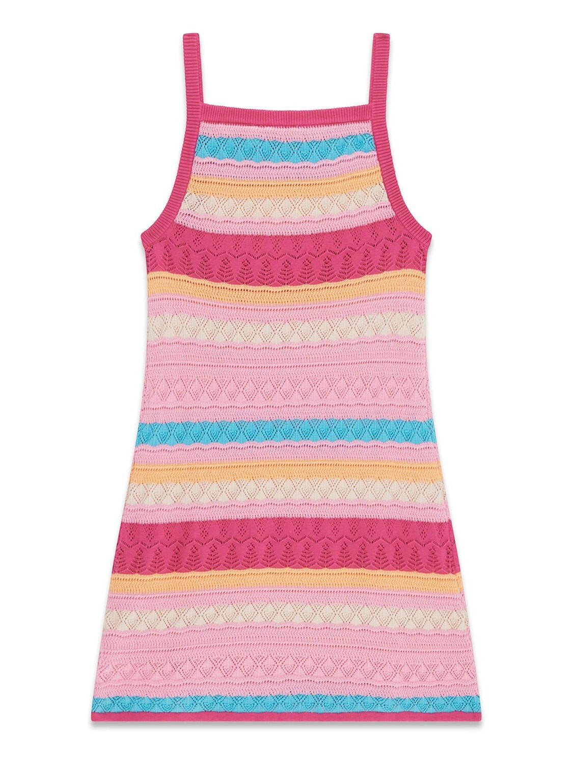 Abito estivo Scugnizzi 0-16 per bambina in maglia traforata a righe multicolore rosa, giallo e azzurro