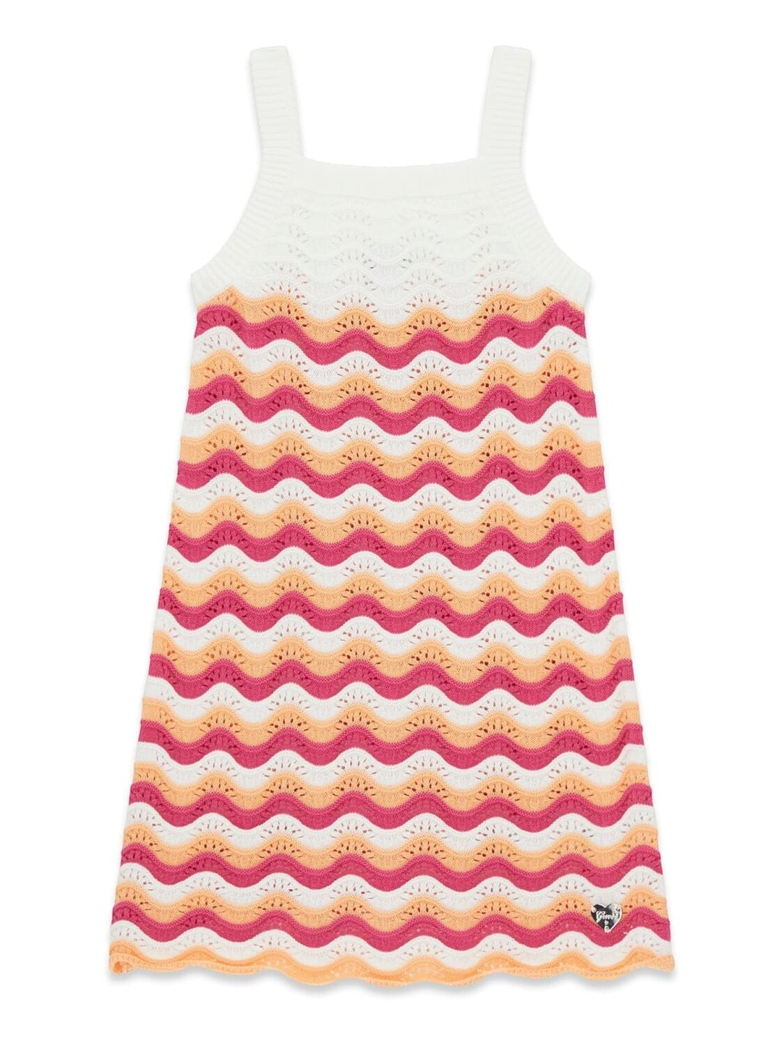Abito estivo Scugnizzi 0-16 per bambina in maglia traforata con motivo a onde multicolore rosa, arancio e bianco.
