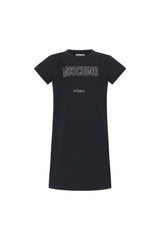Abito corto nero Scugnizzi 0-16 in cotone con logo Moschino Milano decorato da strass luminosi