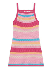 Abito estivo Scugnizzi 0-16 per bambina in maglia traforata a righe multicolore rosa, giallo e azzurro senza maniche