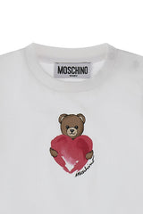 Abito bianco in cotone Scugnizzi 0-16 con stampa Teddy Bear Moschino che abbraccia un cuore rosso sul petto