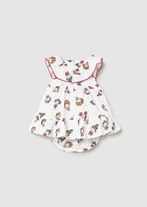 Abito Scugnizzi 0-16 per neonata bianco con stampa colorata di personaggi, maniche a volant e mutandine coordinate
