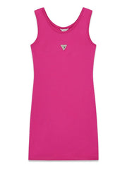 Abito smanicato Scugnizzi 0-16 fucsia per bambina con scollo rotondo e logo triangolare applicato sul petto