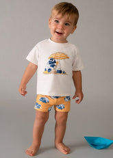 Scugnizzi 0-16 baby boy white cotton t-shirt with panda on beach graphic & yellow panda print shorts.