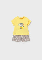 Scugnizzi 0-16 baby boys yellow cotton t-shirt with lion print and brown & white striped shorts.
