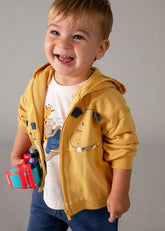 Scugnizzi 0-16 Baby Boys Safari Print Cotton Outfit: White tee with animals, yellow hoodie with hippo face, navy pants.