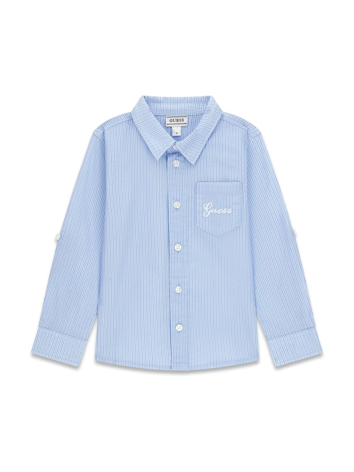 Camicia a righe celeste e bianca Scugnizzi 0-16 Guess con colletto classico, bottoni frontali e logo ricamato