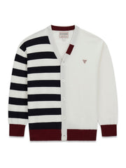 Cardigan Scugnizzi 0-16 GUESS bianco a righe con bottoni e dettagli bordeaux, design asimmetrico e logo sul petto
