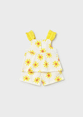 Completo estivo Scugnizzi 0-16 per bambina con top a volant e pantaloncini, stampa margherite gialle su fondo bianco
