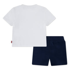 Retro del completo Scugnizzi 0-16 Levi's con t-shirt bianca in cotone e pantaloncini blu navy con elastico in vita