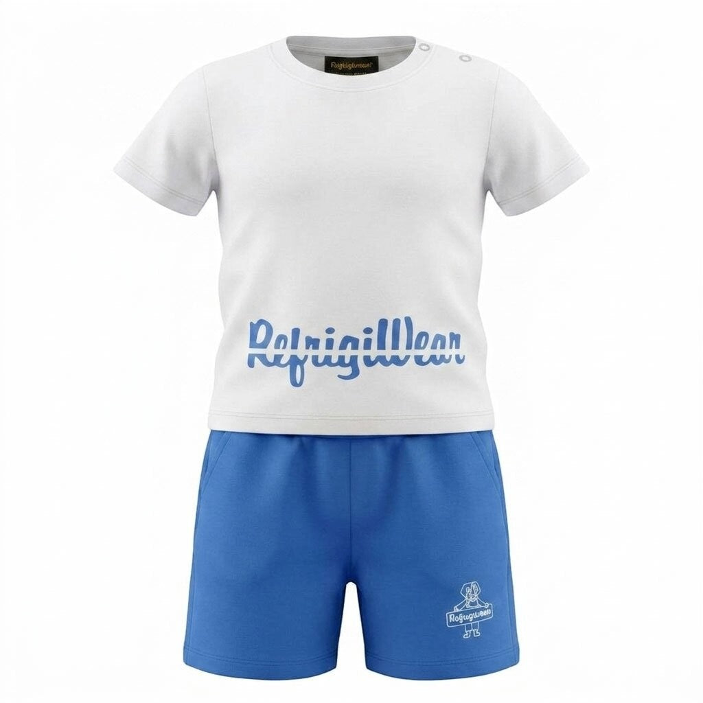 Completo estivo Scugnizzi 0-16 con t-shirt bianca e pantaloncini blu in cotone traspirante per bambini