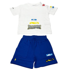 Completo estivo Scugnizzi 0-16 con t-shirt bianca a grafiche colorate e pantaloncini blu sportivi in cotone leggero