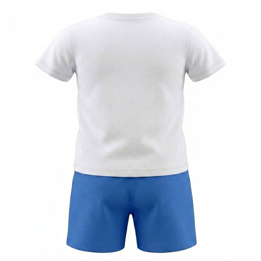 Completo estivo Scugnizzi 0-16 con t-shirt bianca a maniche corte e pantaloncini blu in tessuto leggero e traspirante