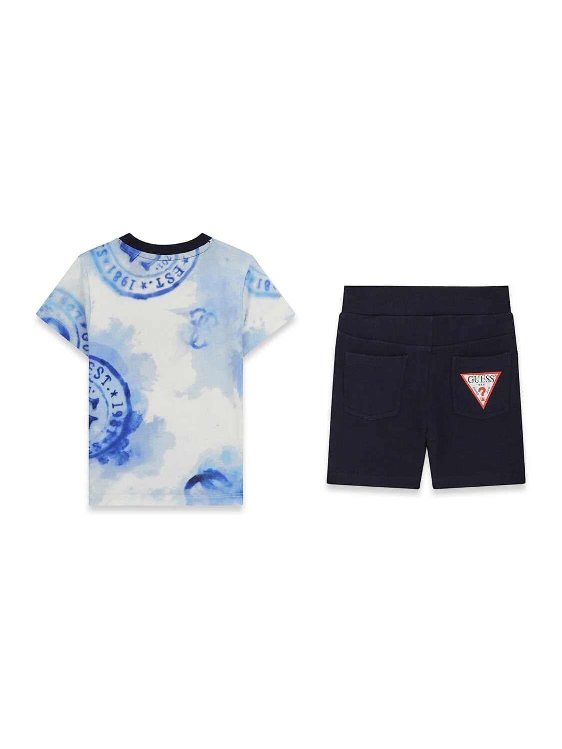 Completo Scugnizzi 0-16 Guess con t-shirt stampa acquerello blu e pantaloncini blu navy con logo posteriore