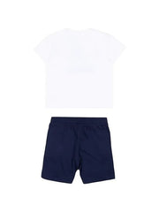 Completo Scugnizzi 0-16 Moschino composto da t-shirt bianca e pantaloncini blu navy in cotone, vista posteriore
