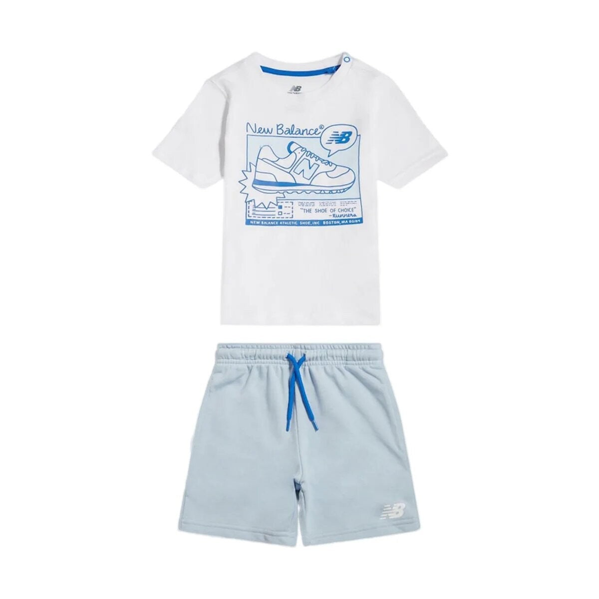Completo Scugnizzi 0-16 New Balance con t-shirt bianca grafica e pantaloncini azzurri in cotone con coulisse