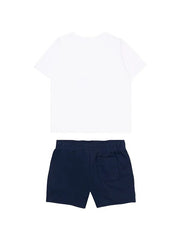 Completo Scugnizzi 0-16 New Balance con t-shirt bianca e pantaloncini blu navy, vista posteriore