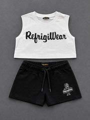 Completo due pezzi Scugnizzi 0-16 RefrigiWear con canotta bianca e pantaloncini neri in cotone con logo