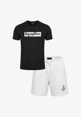 Completo Scugnizzi 0-16 RefrigiWear con t-shirt nera in cotone e pantaloncini bianchi con logo e coulisse in vita