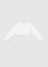 Coprispalle bianco a maniche lunghe Scugnizzi 0-16 con bordo smerlato, ideale per cerimonie ed eventi eleganti.