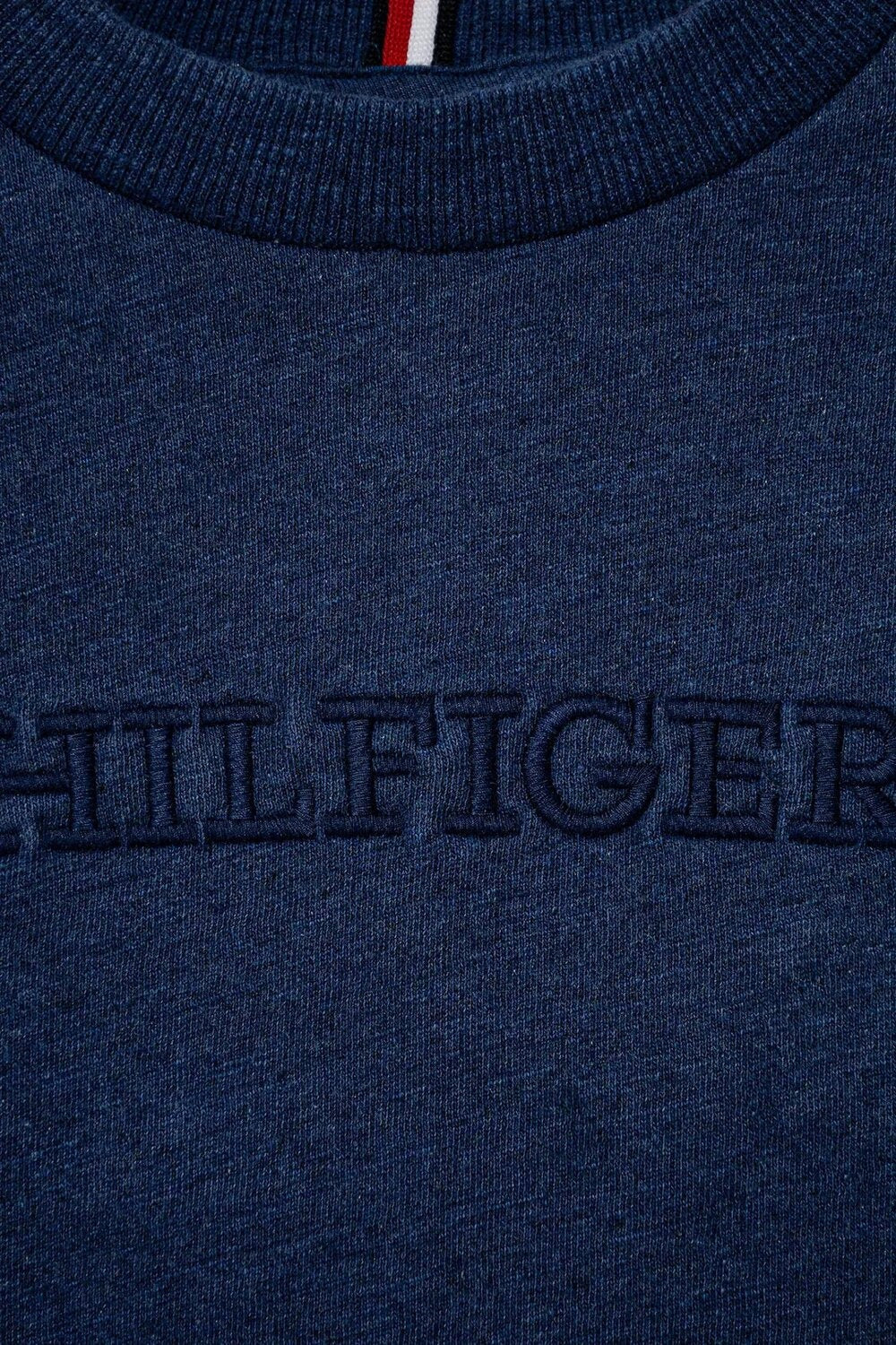 Felpa girocollo blu navy Scugnizzi 0-16 in cotone con logo Tommy Hilfiger ricamato tono su tono e dettaglio tricolore