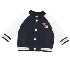 Giacca bomber Scugnizzi 0-16 bicolore blu navy e bianca con bottoni a pressione e dettagli a righe su polsini e orlo.