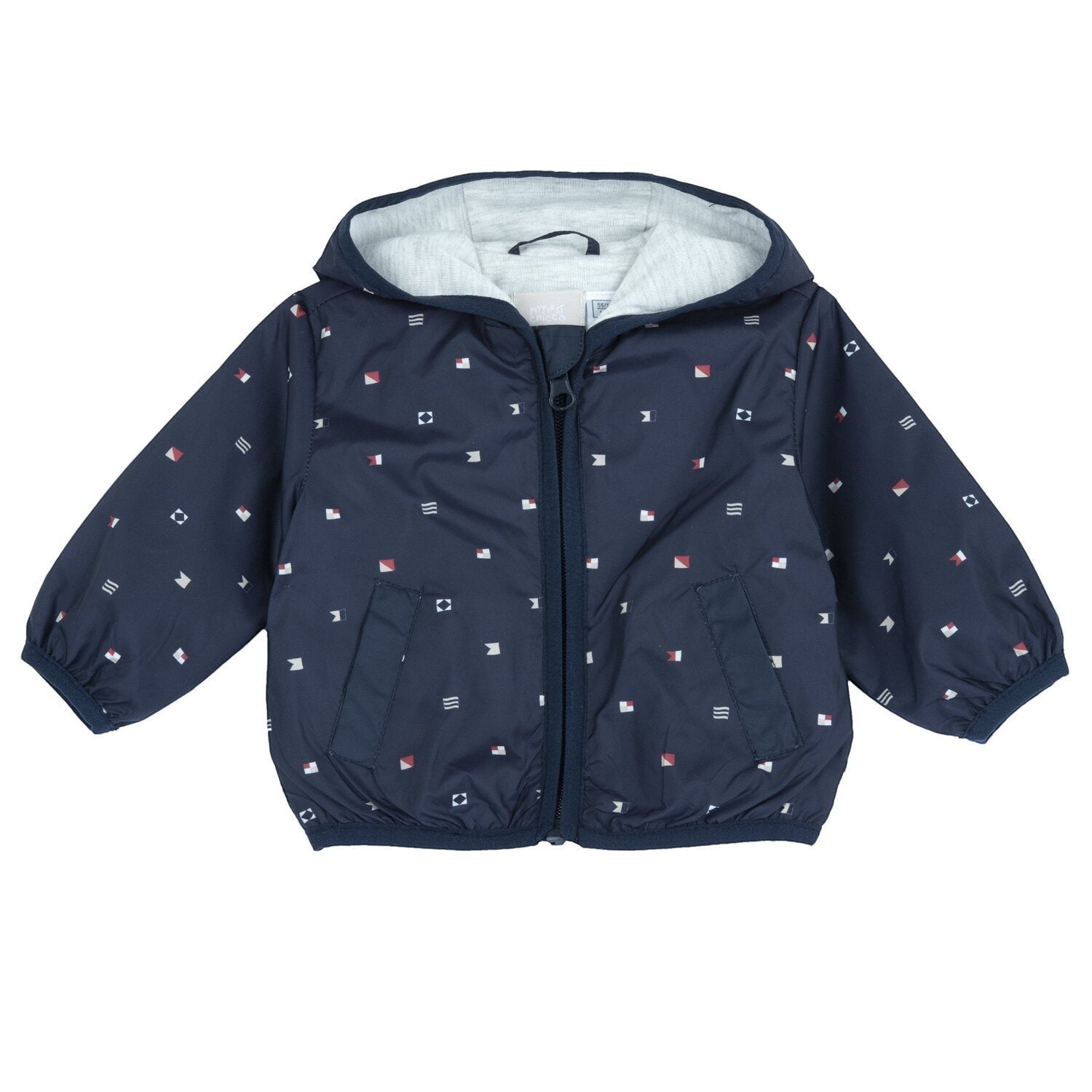 Giacca impermeabile blu Scugnizzi 0-16 con cappuccio, fantasia geometrica, zip frontale e polsini elasticizzati.