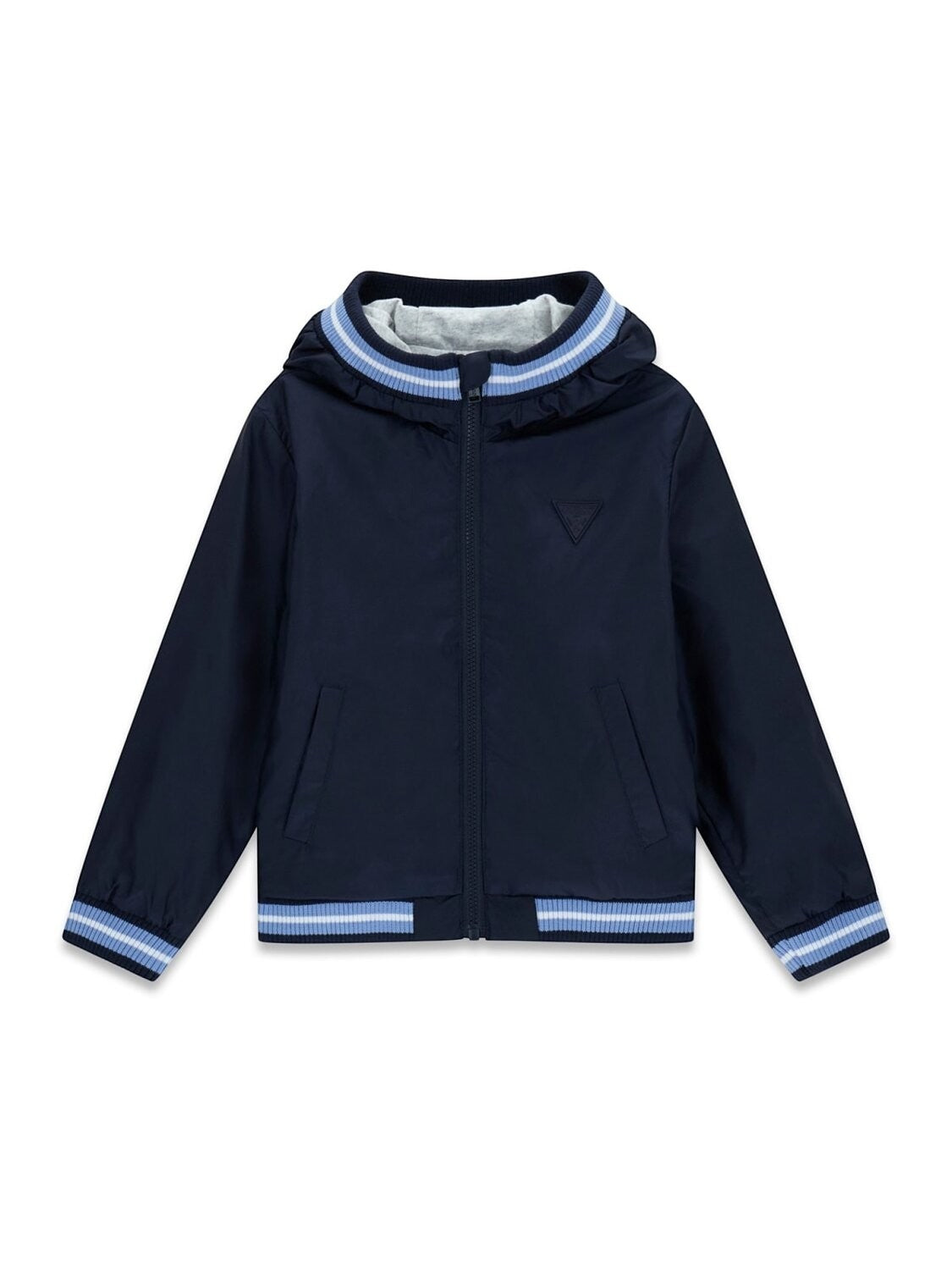 Giacca sportiva Scugnizzi 0-16 blu navy con cappuccio, dettagli a righe azzurre e bianche e chiusura con zip.