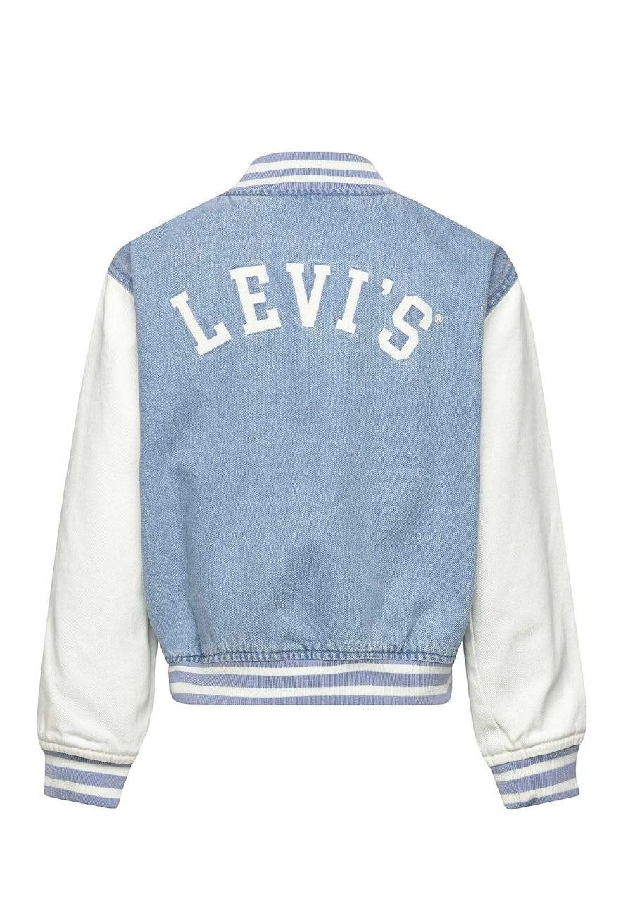 Giacca Varsity Scugnizzi 0-16 Levi's in denim azzurro e maniche bianche con logo sul retro e bordi a righe