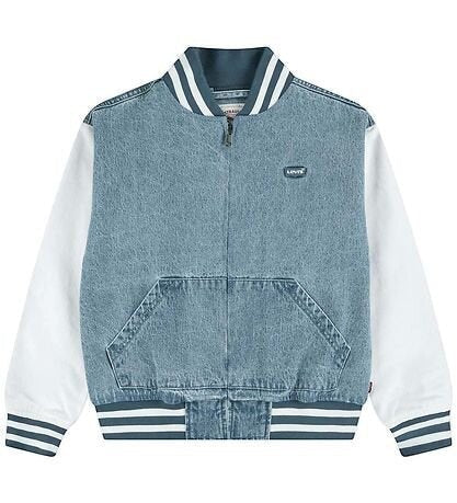Giacca Varsity Scugnizzi 0-16 Levi's in denim azzurro con maniche bianche, chiusura zip e dettagli a righe stile college.