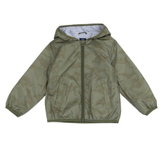Giacca a vento Scugnizzi 0-16 verde oliva con stampa dinosauri, cappuccio e chiusura zip per bambini.