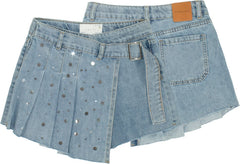 Gonna pantalone Scugnizzi 0-16 in denim azzurro chiaro con pannello plissettato, applicazioni luminose e fibbia laterale
