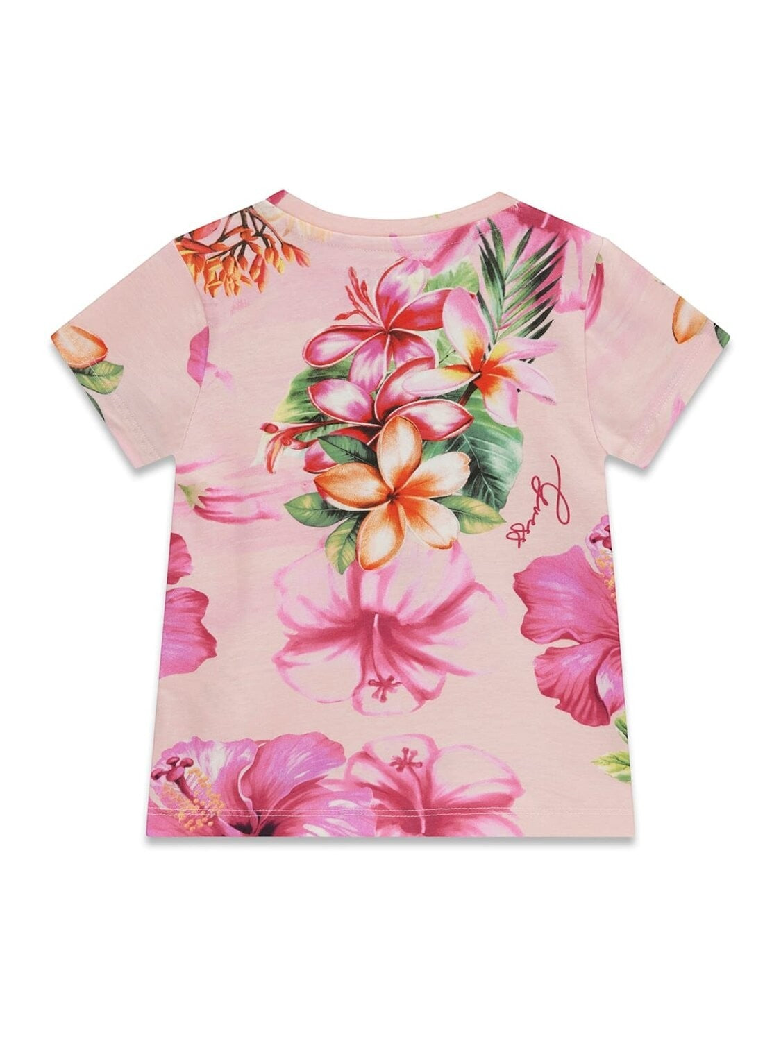 T-shirt bambina Scugnizzi 0-16 GUESS in cotone rosa con stampa floreale tropicale e logo sul retro