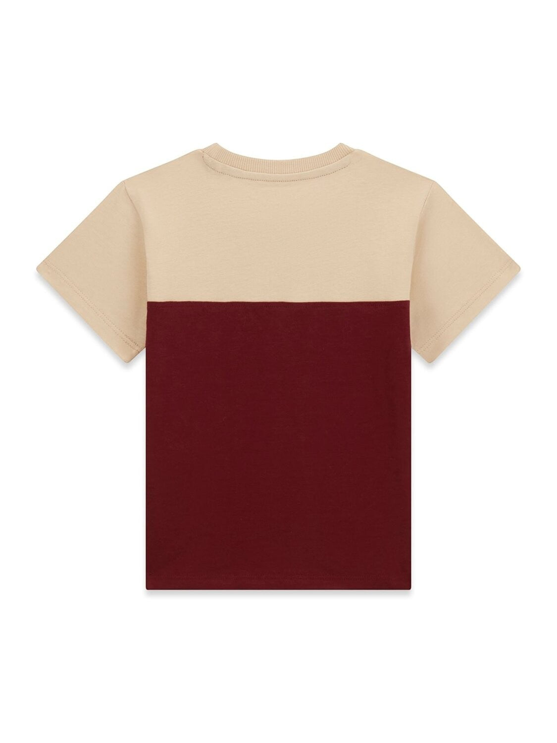 T-shirt a maniche corte Scugnizzi 0-16 Guess in cotone bicolore beige e bordeaux con design color-block sul retro