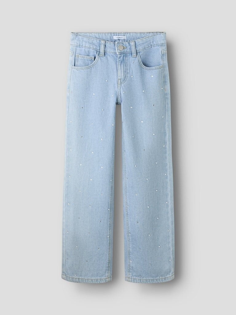Pantaloni in denim a gamba larga Scugnizzi 0-16 color azzurro chiaro con strass decorativi e cinque tasche