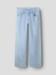 Pantaloni in denim a gamba larga Scugnizzi 0-16 color azzurro chiaro con strass decorativi e cinque tasche