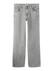 Pantaloni in denim a gamba larga Scugnizzi 0-16 grigio chiaro con strass applicati per bambina