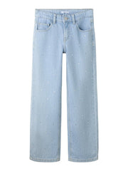 Pantaloni in denim a gamba larga Scugnizzi 0-16 color azzurro chiaro con strass applicati e cinque tasche