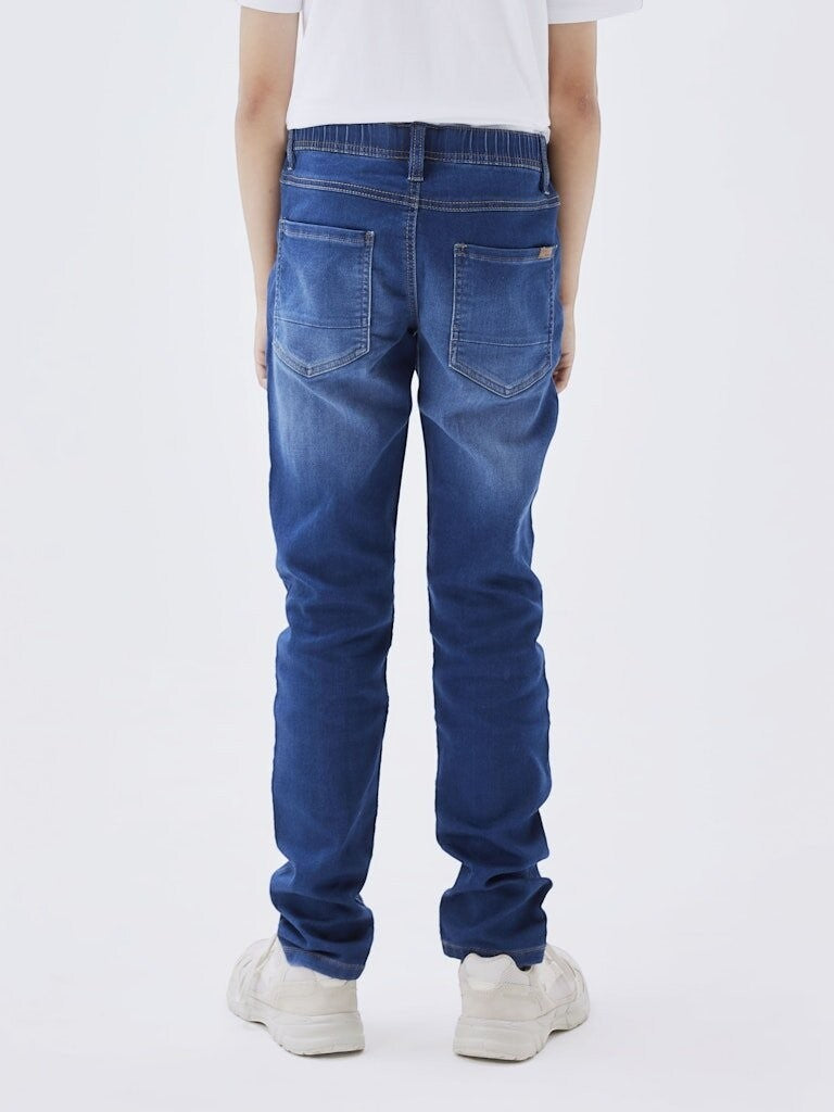Pantaloni jeans blu Scugnizzi 0-16 per bambini con vita elasticizzata e tasche posteriori, vista posteriore