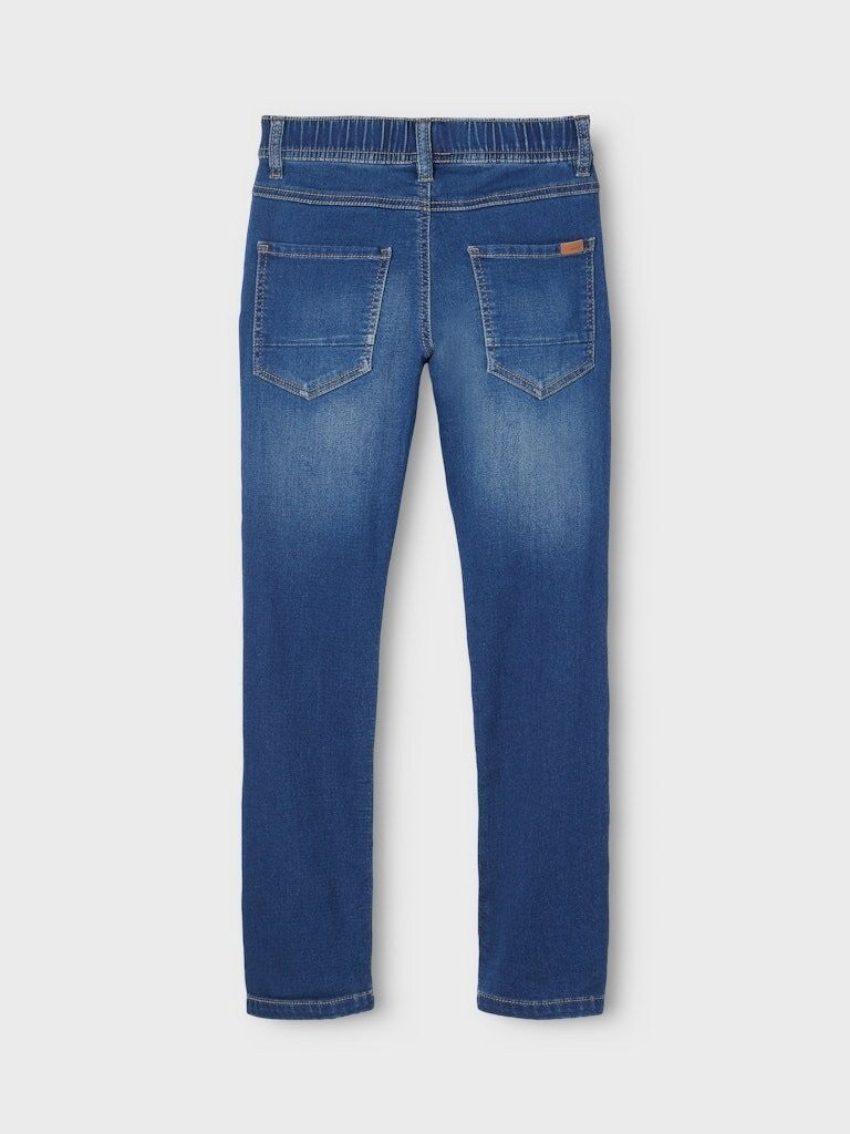 Pantaloni jeans Scugnizzi 0-16 blu denim per bambini con vita elasticizzata e tasche posteriori, vista posteriore.