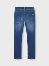 Pantaloni jeans Scugnizzi 0-16 blu denim per bambini con vita elasticizzata e tasche posteriori, vista posteriore.