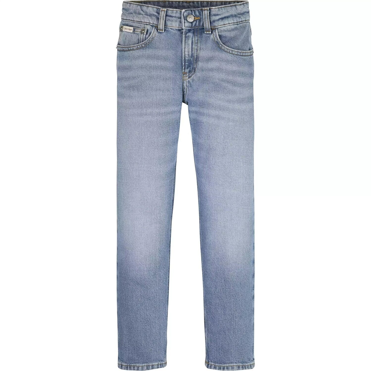 Jeans da bambino Scugnizzi 0-16 firmati Calvin Klein in denim azzurro medio con classico design a cinque tasche.