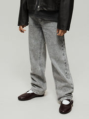 Pantaloni in denim a gamba larga Scugnizzi 0-16 color grigio chiaro con strass luminosi e taglio moderno