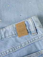 Jeans a gamba larga Scugnizzi 0-16 in denim azzurro chiaro con strass decorativi e etichetta posteriore