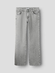 Pantaloni in denim a gamba larga Scugnizzi 0-16 grigio chiaro con strass applicati e design a cinque tasche