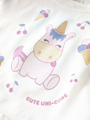 Maglietta bianca in cotone Scugnizzi 0-16 con stampa unicorno e gelati per bambina