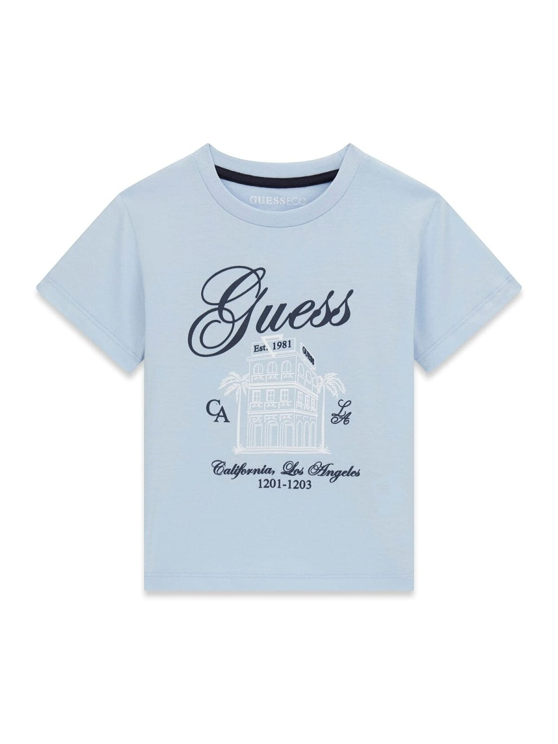 Maglietta a maniche corte Scugnizzi 0-16 in cotone azzurro con stampa grafica Guess California Los Angeles
