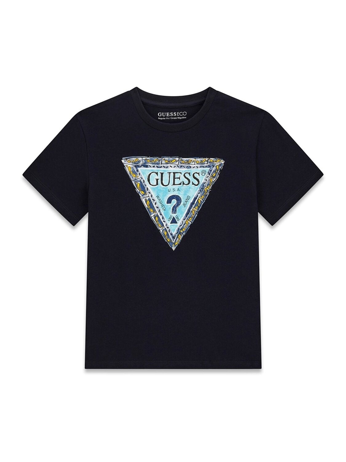 Maglietta a maniche corte Scugnizzi 0-16 in cotone blu navy con logo triangolare Guess stampato sul davanti