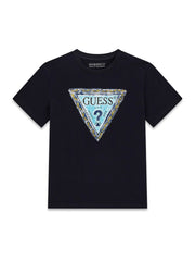 Maglietta a maniche corte Scugnizzi 0-16 in cotone blu navy con logo triangolare Guess stampato sul davanti