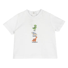 Maglietta bianca in cotone Scugnizzi 0-16 con stampa colorata di dinosauri e bottoni a pressione sul retro